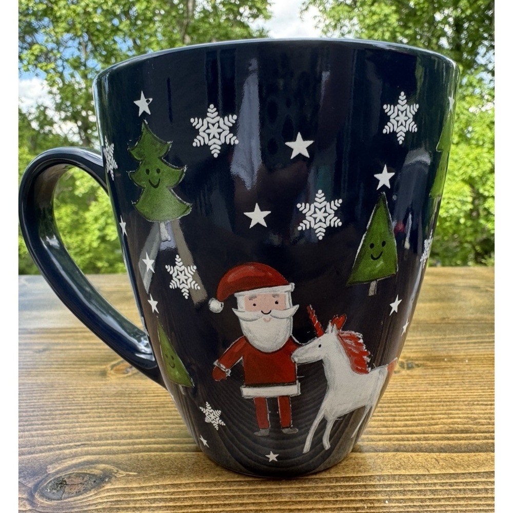 Santa Unicorn‎ Christmas Mug Large Blue Holiday Coffee Cup